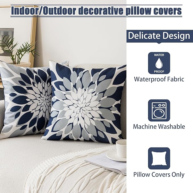 Qahing Pack of 4 Outdoor Waterproof Pillow Covers 22x22 Decorative Outdoor Throw Pillows Garden Square Cushion Cases for Patio Furniture, Couch, Tent Sunbrella, Bench, Navy Blue Grey