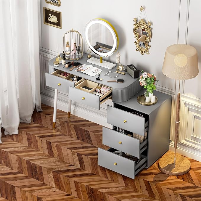 WinZo 36" Vanity Desk with Mirror and 3 Light Modes, Dressing Table Set with 5 Sliding Drawers, Makeup Desk with Charging Station, Modern Vanity for Small Spaces & Bedroom, Gray