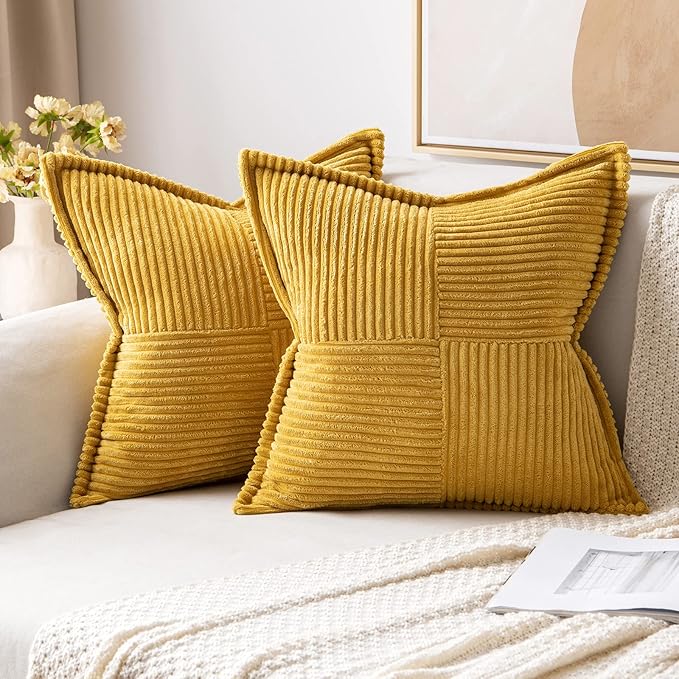 MIULEE Decorative Throw Pillow Covers for Couch Bed Livingroom 18x18 Inch Set of 2 Fall Mustard Yellow Boho Accent Throw Pllows Broadside Striped Patchwork Soft Corduroy Pillowcases