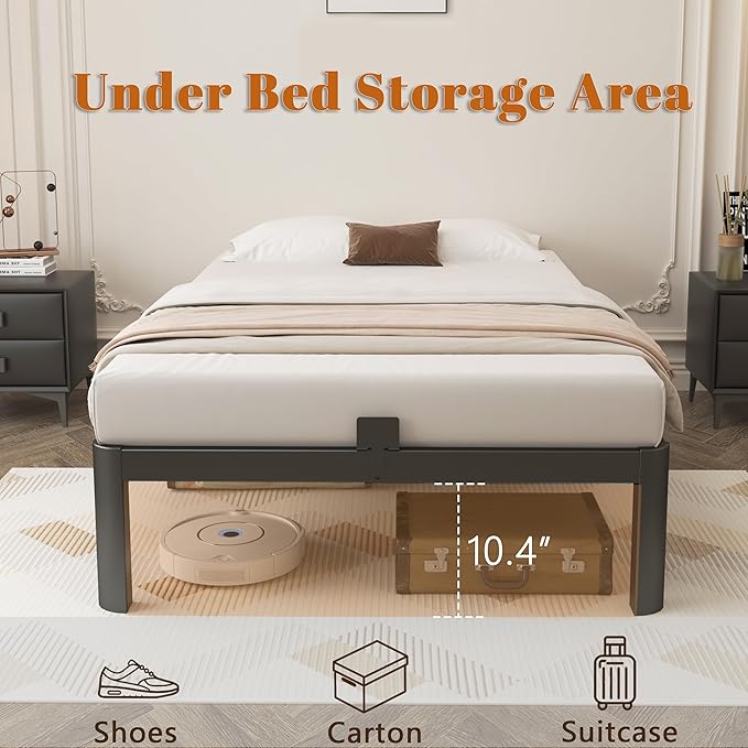 Black 12 Inch Twin Bed Frames with Gaskets, Metal Twin Size Bed Frame No Box Spring Need, Heavy Duty Steel Platform Support, Round Corner Desgin, Reserved Holes, Storage Space, Noiseless