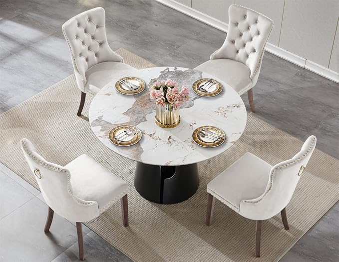 5-Piece Faux Marble Round Dining Table Set for 4, Modern Luxury Kitchen Table Set for 4 with Beige Tufted Chairs,Circle Dining Tables with Pandora Grain Top and Black Pedestal Base