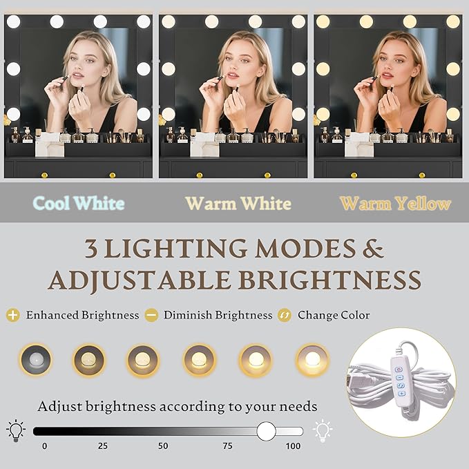 Vanity Desk with Mirror and Lights, Makeup Vanity Set with 3 Storage Drawers & Adjustable Shelves, Dressing Table with RGB Cabinets & Charging Station, 3 Lighting Modes for Women Kids Bedroom, Black