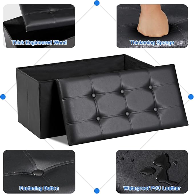 SUPER DEAL 30 inches Folding Ottoman with Storage, Bedroom Footrest Bench, Rectangle Sotrage Chest for Living Room Entryway, 30"x15"x15", 85L, Faux Leather, Black