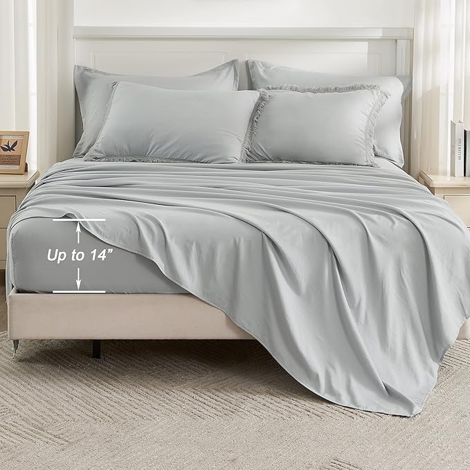 Andency Light Grey Full Size Comforter Set with Sheets - 7 Pieces Boho Tassel Bed in a Bag Soft Lightweight Bedding Sets, Light Grey Fringe Bed Set with Comforter, Sheets, Pillowcases & Shams
