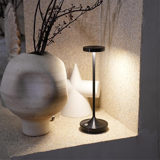 Cordless Table Lamp, Rechargeable Battery Operated LED Desk Lamp, 3-Color Stepless Dimming, Portable & Waterproof, for Restaurants, Bedrooms, Bars, Outdoor Parties, Camping (2X Black+Shade)