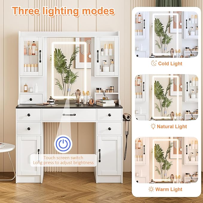 KAMABOKO Vanity Desk with Mirror & LED Lights & Power Outlet, Large Makeup Vanity Table with 6 Drawers and 4 Storage Cabinets, Dressing Table for Bedroom (White&Black)