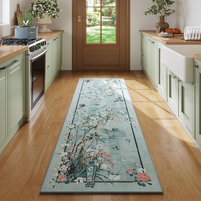 Runner Rug 2x6 Chinoiserie-Style Floral Vintage Kitchen Rugs Non Slip Washable with Rubber Backing Soft Carpet for Laundry, Bedroom, Bathroom, Blue