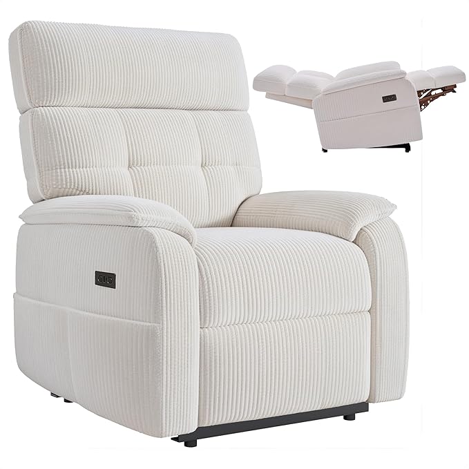 Claiks Zero Gravity Recliner Chair, Oversized Reclining Chair for Adults, Adjustable Electric Reclining Sofa Lounge with USB&Type-C Ports, Side Pocket, for Living Room, Corduroy, White