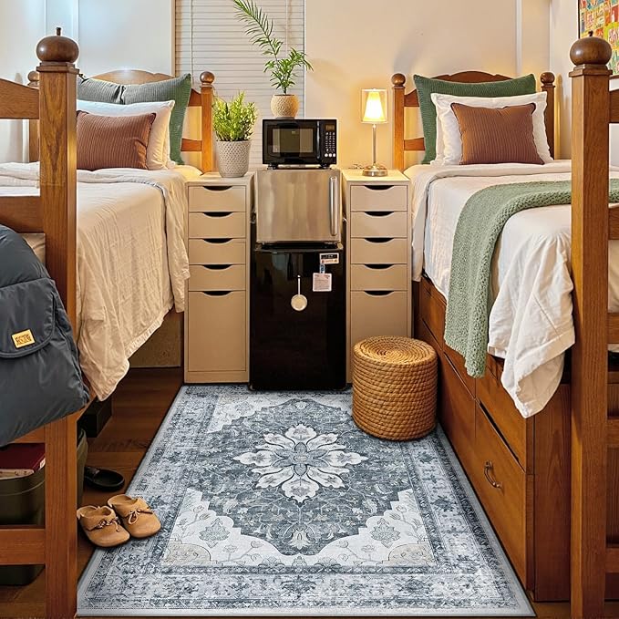 Area Rugs 5'x7' Washable Non-Slip, Floral Vintage Distress Print Pattern Medallion Carpet for Living Room Bedroom Dining Room, Light Gray Grey White