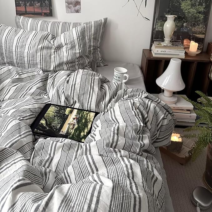 mixinni Vintage Grey & White Striped Comforter Set King Size - Soft Washed Cotton 3-Piece Neutral Bedding Set, Retro Geometric Pattern, All-Season Breathable & Fluffy for Men, Boys