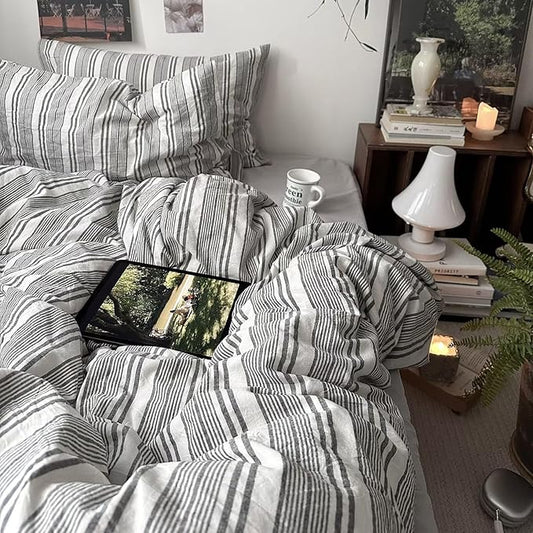 mixinni Vintage Grey & White Striped Comforter Set King Size - Soft Washed Cotton 3-Piece Neutral Bedding Set, Retro Geometric Pattern, All-Season Breathable & Fluffy for Men, Boys