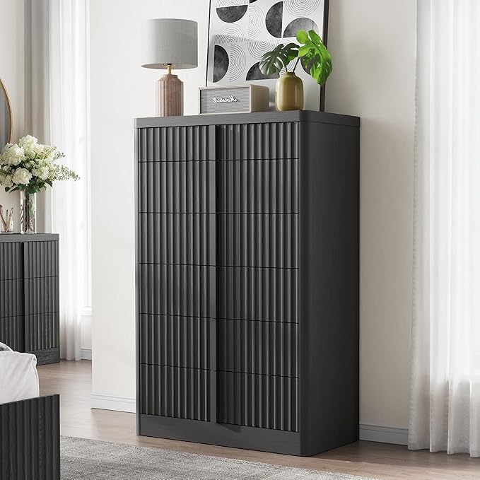 Fluted Dresser for Bedroom, 48" Tall 6 Drawer Dresser, Modern Chest of Drawers with Solid Wood Handle, Curved Profile Design, Wood Dressers Storage Organizer, Living Room, Hallway, Black