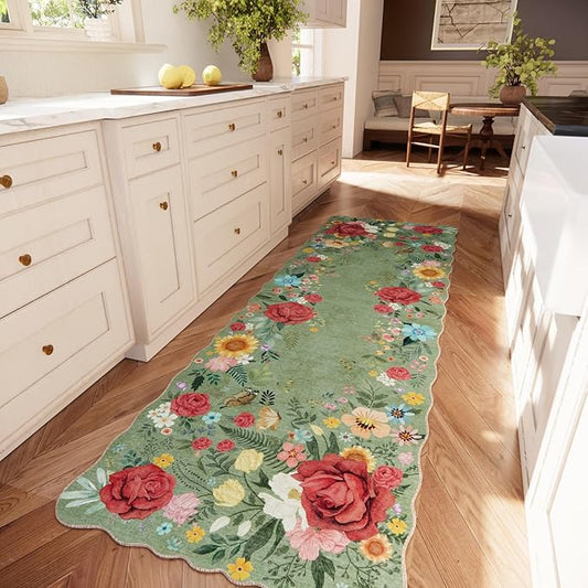 Floral Rug for Kitchen 2'6''x8' Washable Floral Runner Rugs Boho Vintage Low Pile Carpet for Entryway, Laundry Room High Traffic Areas, Indoor Rug for Bathroom (Green