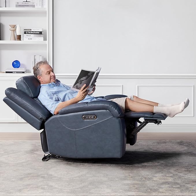 Watson & Whitely Genuine Leather Power Recliner Chairs for Adults, Wall Hugger RV Recliner with Power Headrest & Charging Ports, Electric Recliner Sofa Chair for Living Room, Navy