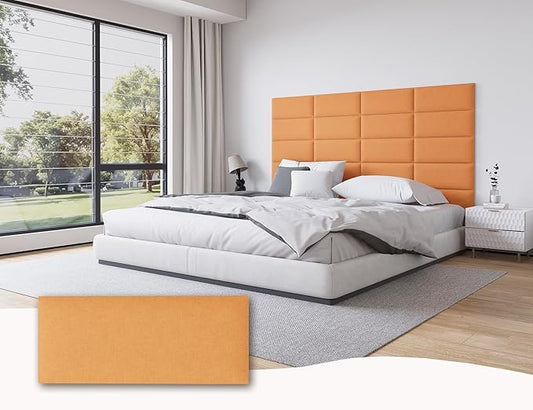 Fabric Orange Peel and Stick Upholstered Headboard for Queen Size, 12PCS Tufted Wall Panels for Adjustable Bed Frame, 10"x24" Each, Fabric - Orange