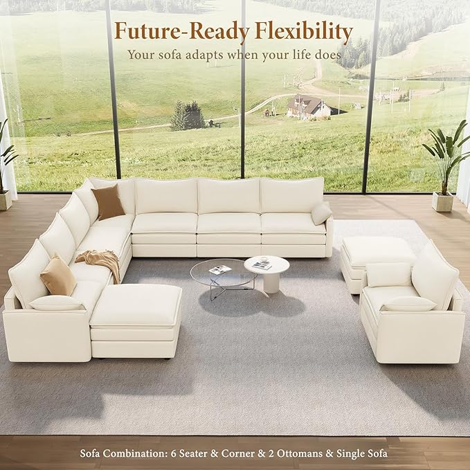 Vesgantti Large Modular Sectional Sofa, Big Comfy Cloud Couch with Ottoman Deep Seat Chenille Cloud Sofa, 9 Seater Large Sectional Couches for Living Room, Bedroom and Apartment, Snow White