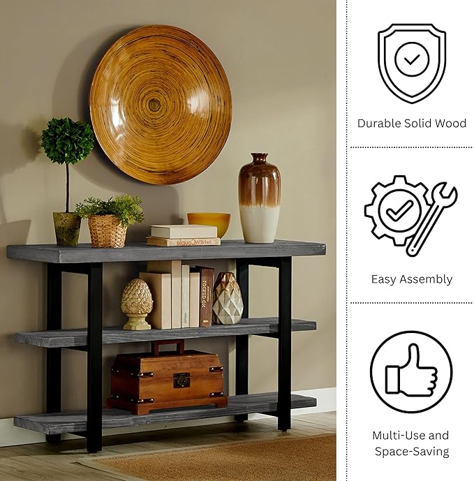 Pomona 48 in. Industrial Metal & Solid Wooden Media/Console Table, Slate Gray - Home, Living Room Furniture - Featuring 3 Solid Wood Tops & Metal Legs, 16 in. D Perfect for Any Room