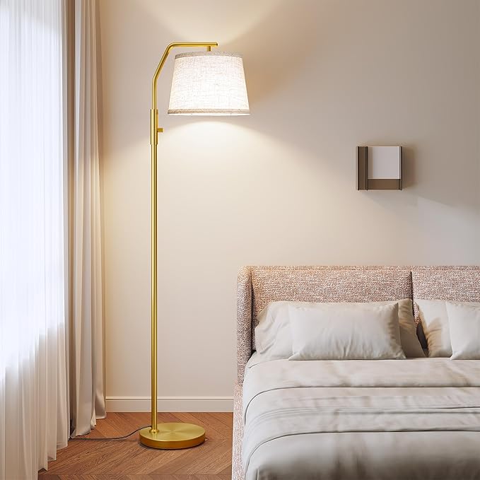 SUNMORY Floor Lamps for Living Room, 9W Bulb Included, Lamp for Bedroom with Adjust Head, Standing Lamp with Rotary Switch, 0-100% Dimmable Floor Lamp for Living Room Bedroom Office Nursery, Gold.