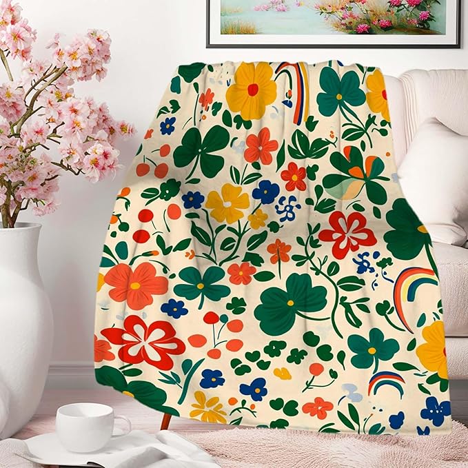 Floral Throw Blanket for Adults, St. Patrick's Day Gift for Women and Men, Lightweight Soft Flower Fleece for Couch, Bed and Travel, 50x60 Inches