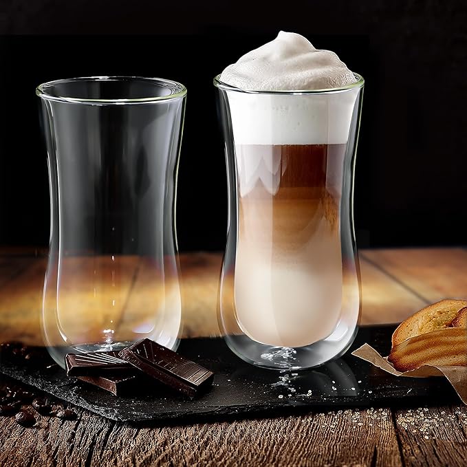 Joeyan Glass Double Walled Beer Drinking Glasses Tumbler, Double Layer Tall Borosilicate Insulated Water Cocktail Glass Cups, Double Lined Thermo Tea Coffee Hot Beverage Glassware 12 oz, Set of 2
