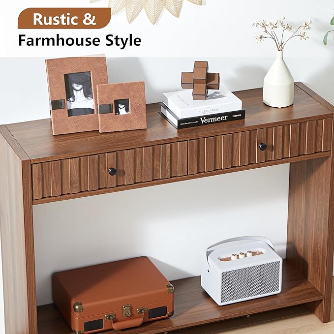 Console Table with Drawers, Narrow Mid-Century Fluted Entryway Table Sofa Table with Storage Shelf, Wood Entry Table Accent Behind Couch Table for Entrance, Hallway, Living Room (Walnut)