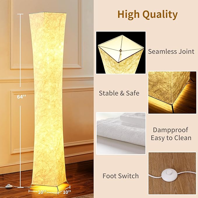 chiphy Floor Lamp, Dimmable 64" Tall Standing Lamp, 3 Levels Adjustable Brightness 12Wx2 LED Bulbs, Column Floor Light White Fabric Shade, Home Decor for Living Room, Bedroom, Kids Room