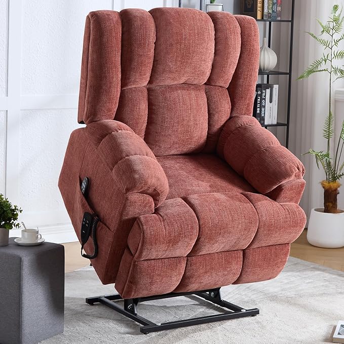 Dual Motor Power Lift Recliner Chair with Massage and Heat for Elderly People, Infinite Position, Burgundy Recliner Chair, Chenille Fabric Lift Chair
