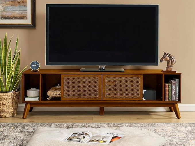 68 Inch Mid Century Modern TV Stand with Rattan Doors, MCM Entertainment Center Media Console for 60/65/70/75 inch TVs, Long Boho Television Stand for Living Room, Light Walnut