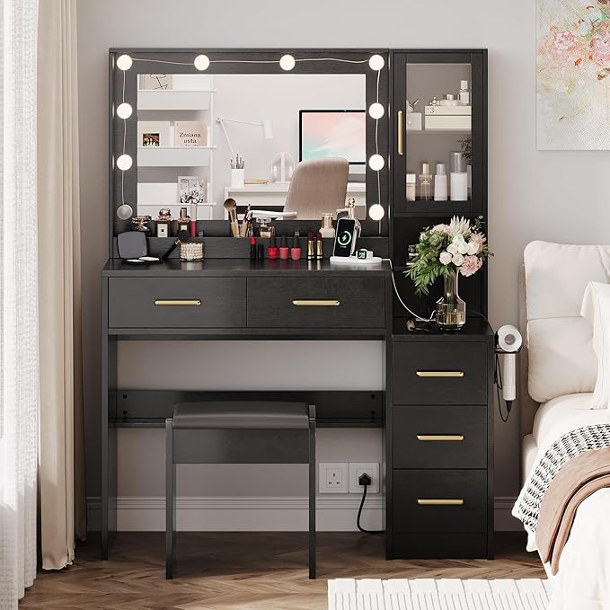 Makeup Vanity with Lights & Charging Station, Black Vanity Table with 5 Drawers & Open Storage Shelves, Bedroom Makeup Dressing Table Set for Women Girls Golden Handles