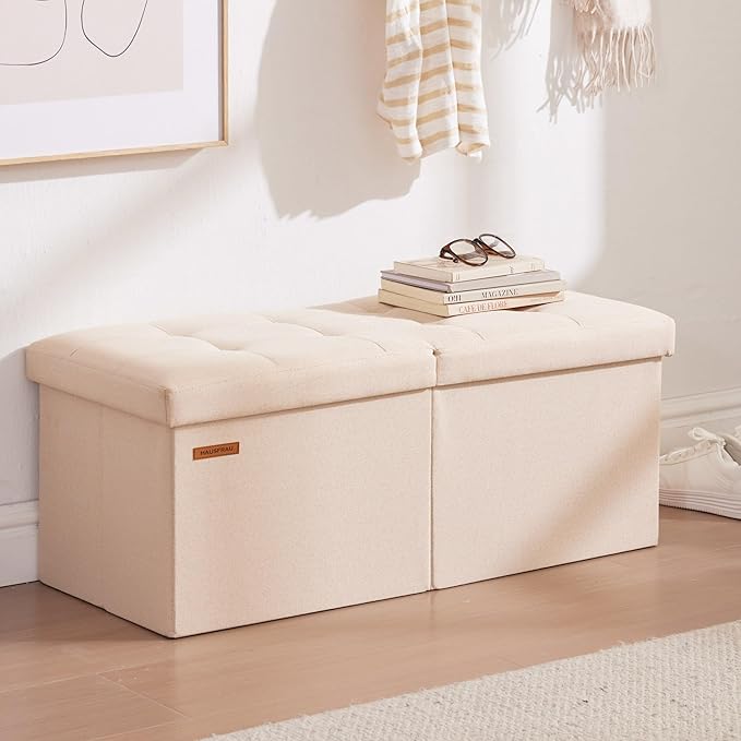 HAUSFRAU 31.5 Inches Ottoman with Storage, Folding Ottoman Small Foot Rest Stool Bedroom Bench with Flipping Lid, Linen Beige