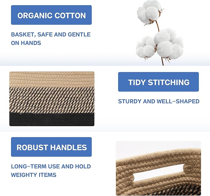 4 Pack Woven Storage Baskets for Organizing - Cotton Rope Baskets for Closet, Toys, Books, Towels, Durable Storage Bins for Shelves, Living Room, Bedroom, 14.76''Lx9.84''Wx8.86''H (Brown, 13")