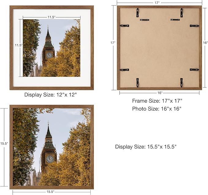Axeman 16x16 Picture Frame with Mat for 12x12, Solid Oak Wood Square Picture Frame with Tempered Glass, Wooden Square Photo Frame 16''x16'' for Art Photo and Prints, Set of 2, Walnut