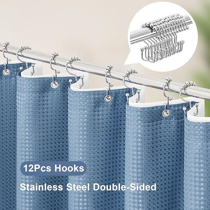 3 in 1 Stall Half Size Moonlight Blue Shower Curtain Set-36 W x 72 H, Modern Waffle Waterproof Fabric and PEVA Liner Set with Stainless Steel Hooks