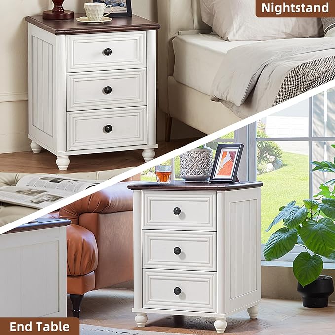 18" Farmhouse Night Stand Set of 2, White Wood Nightstand with 3 Drawers, Bedside End Table with Storage and Roman Column, Bed Side Tables Cabinet for Bedroom, Living Room, and Closet