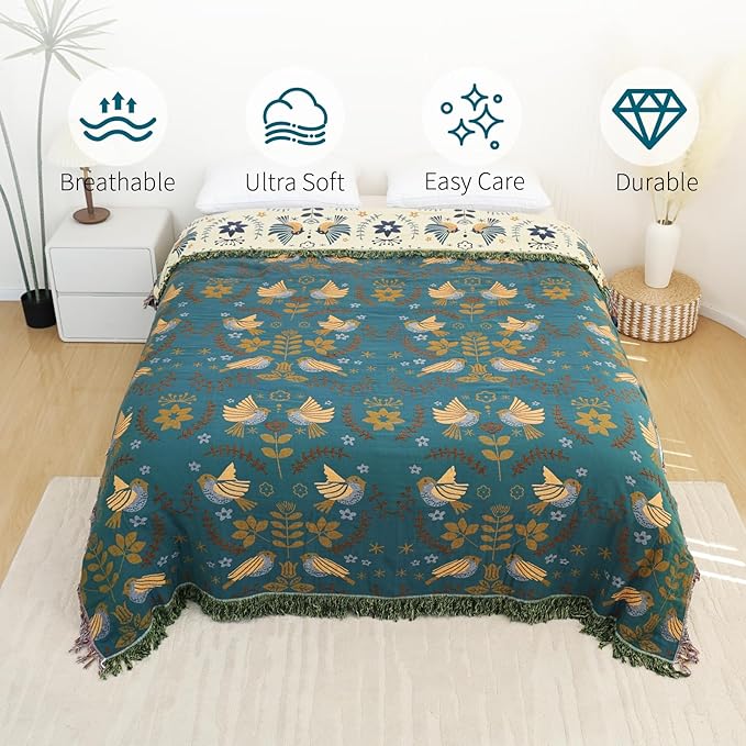 Boho Throw Blanket for Bed-100% Cotton Soft Breathable Farmhouse Decor Boho Quilt for Sofa Bed (Green Floral Bird, 60"x80")