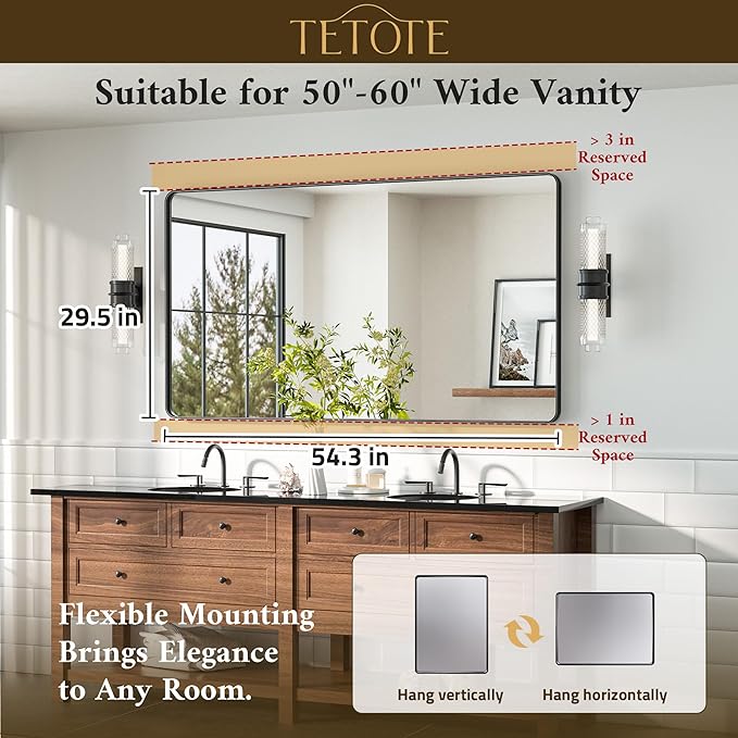 TETOTE Black Frame Mirror 55 x 30 Metal Framed Bathroom Vanity Mirrors, Tempered Glass, Modern Farmhouse Wall Mounted Mirror for Decorative(Horizontal/Vertical)