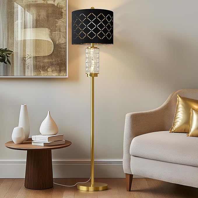 Oneach 63.75" Floor Lamp for Living Room, Modern Gold Lamp with LED Glass Night Light, Vintage Standing Lamp with Black Drum Lampshade, Unique Luxury Tall Lamp for Bedroom Home Office(Bulb Included)