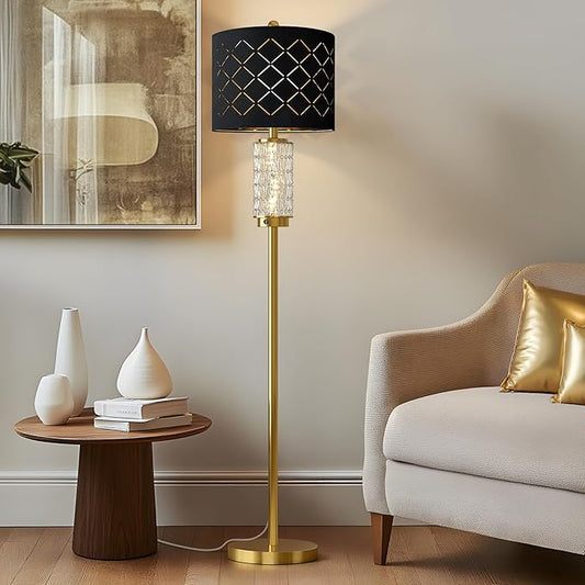Oneach 63.75" Floor Lamp for Living Room, Modern Gold Lamp with LED Glass Night Light, Vintage Standing Lamp with Black Drum Lampshade, Unique Luxury Tall Lamp for Bedroom Home Office(Bulb Included)