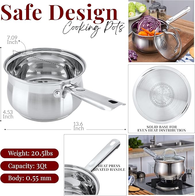 Alpine Cuisine Sauce Pan Stainless steel 3Qt Belly Shape with Glass Lid & Ergonomic Handle, induction Bottom Sauce Pan, Sauce Pot with Glass Lid for Cooking, Easy Clean & Rust Free, Dishwasher Safe