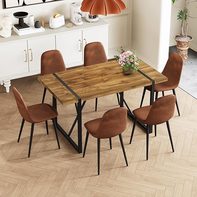 Rustic 7 Piece Dining Room Table Set for 6 People, Mid Century Modern 55 Inch Rectangle Wood Kitchen Dining Table with 6 Fabric Chairs Set, Suitable for Kitchen Dining Room
