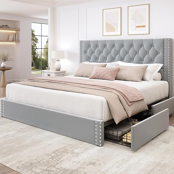 King Size Bed Frame with 4 Storage Drawers and Tufted Headboard Velvet Upholstered Platform Bed Frame with Heavy Duty Wood Slats, No Box Spring Needed, Easy Assembly, Bluish Grey