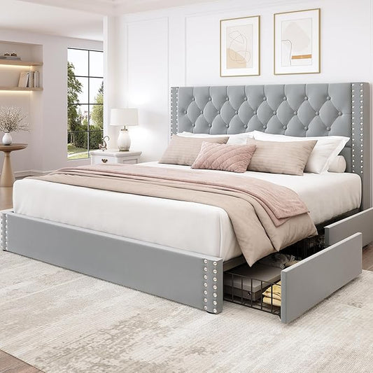 King Size Bed Frame with 4 Storage Drawers and Tufted Headboard Velvet Upholstered Platform Bed Frame with Heavy Duty Wood Slats, No Box Spring Needed, Easy Assembly, Bluish Grey