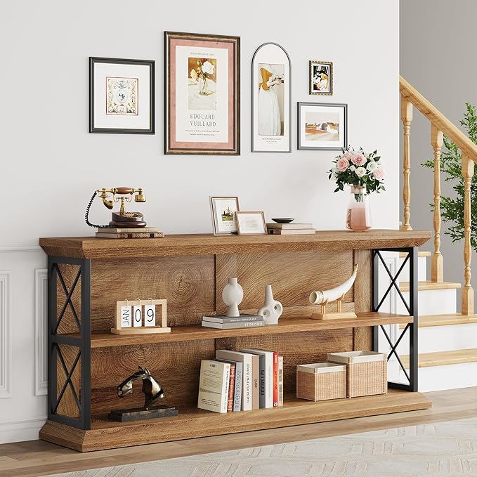 63 Inch Long Console Tables for Entryway with 3-Tier Storage, Wooden Sofa Table Behind Couch for Living Room Hallway, Entry, Oak Brown