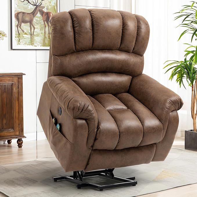 VIVIJASON Tall Man Large Power Lift Recliner Chair with Extended Footrest for Elderly, Overstuffed Wide Electric Lift Chair with Heat & Massage, 2 Remote Controls, Side Pockets & USB Ports, Brown