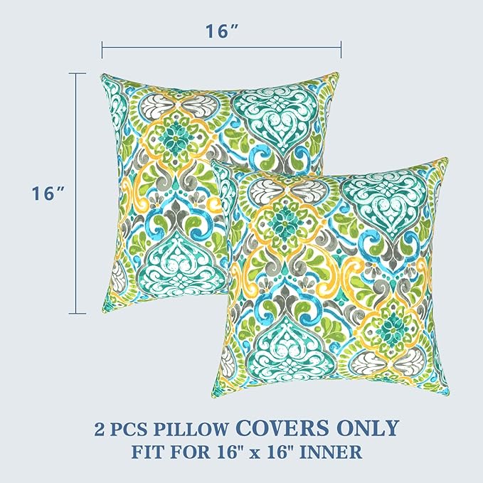 LVTXIII Outdoor Throw Pillow Covers 16 x 16 Inch, Covers ONLY Modern Cute Pattern Decorative Square Toss Pillow Case Pack of 2 for Home Patio Garden Sofa Bed Furniture, Damask Green