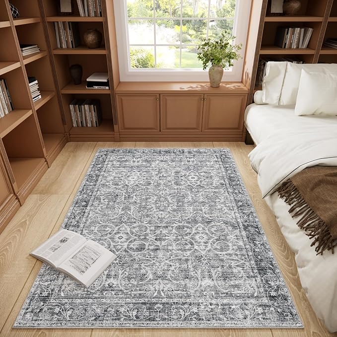 Washable Area Rugs 5'x7' Non-Slip Vintage Boho Distressed Fade Resistant Low Pile Carpet for High-Traffic Living Room, Bedroom & Dining Room