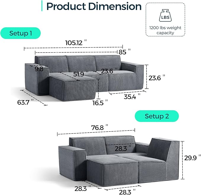 LINSY HOME Oversized Modular Sectional Sofa, 105" Cloud Couch L Shaped 3-Seat Sofa with Ottoman, Corduroy Deep Seat Modular Couches for Living Room, No Assembly Required, Bluish Grey
