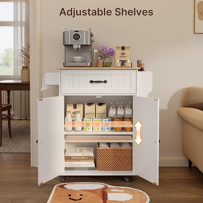 Gizoon Kitchen Island Cart with Adjustable Shelf, 33" W Mobile Trolley Cart on Metal Wheels with Drawer & Storage Cabinet, Spice Rack & Towel Rack, Wooden Countertop, for Dining Room, Bar, White