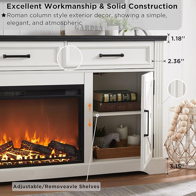 JXQTLINGMU Farmhouse Fireplace TV Stand for Up to 80 Inch TV, Entertainment Center with 30" Electric Fireplace for 65 75 Inch TV, 70" TV Stand with Storage Cabinet Drawer for Living Room (Off White)