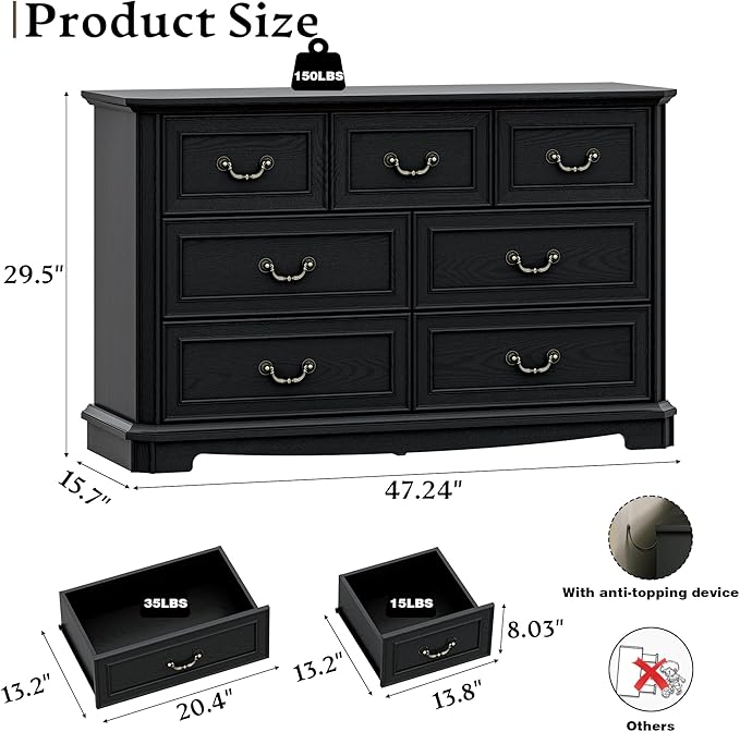 Farmhouse Dresser for Bedroom with 7 Drawer, 48" Wide Rustic Chest of Drawers with Metal Handle, Wood Vintage Dresser TV Stand, Wooden Closet Storage Dressers Organizer for Living Room, Hallway, Black